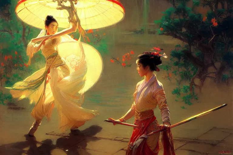 Image similar to wuxia, spring, neon light, painting by gaston bussiere, craig mullins, j. c. leyendecker