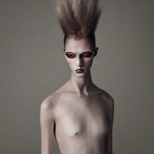 Image similar to a muted colors natural portrait photograph of an extraterrestrial alien model, editorial story, Vogue Italy, editorial photography