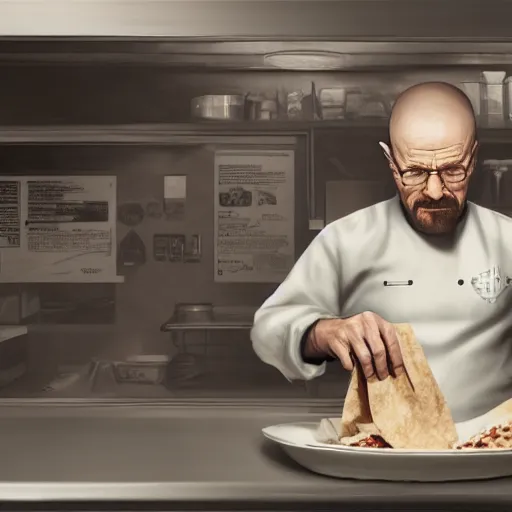 Prompt: walter white making a burrito, concept art by senior character artist, cgsociety, photorealism, reimagined by industrial light and magic, rendered in unreal engine, official art