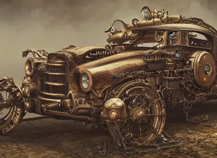 Prompt: detailed concept art illustration oil painting of a steampunk muscle car in full intricate detail, ultra detailed, digital art, octane render, 4K, dystopian, micro details