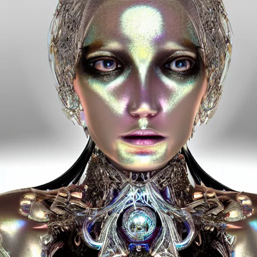 Image similar to beautiful pragmatic face, crystal, platinum, gold, biomechanoid with incredible iridescent pearlescent voluminous fiberoptic hair, crystalline masterpiece implants, hyperdetailed face, elegant pose, movie still, intricate, octane render, cinematic forest lighting, unreal engine, dieselpunk setting, crepuscular rays, god rays.