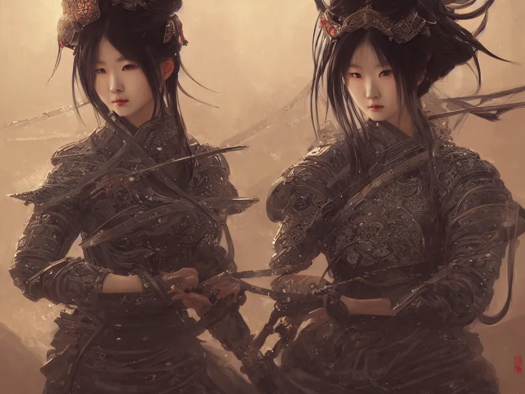 Image similar to portrait han so hee samurai girl, grey hair armored samurai clothes, in fire japanese temple wet night, ssci - fi and fantasy, intricate and very very beautiful and elegant, highly detailed, digital painting, artstation, concept art, smooth and sharp focus, illustration, art by tian zi and wlop and alphonse mucha