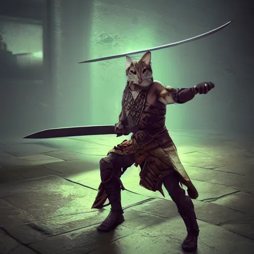 Image similar to a warrior cat holding a long sword in a combat stance, 3 d rendered, 3 d rendering, dramatic lighting, unreal engine, digital painting, concept art, smooth, sharp focus, illustration, 8 k resolution, trending on art station, cinema 4 d, behance hd