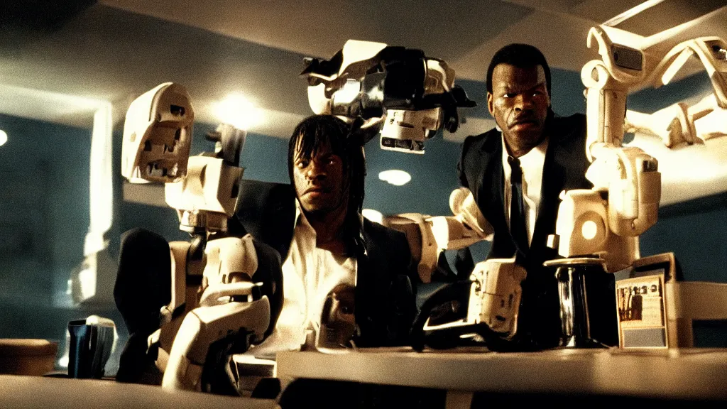 Image similar to movie scene of pulp fiction but with robots, movie still, cinematic composition, cinematic light, by edgar wright