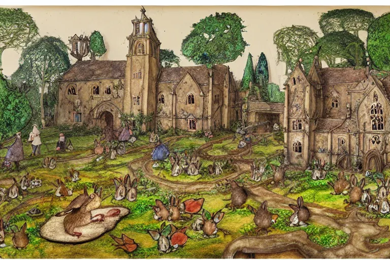 Image similar to an elaborate and dense painting of redwall abbey in mossflower wood with lots of mice and rabbits and otters walking around, detailed, made of alcohol ink on parchment and penned illustrations, by brian jacques