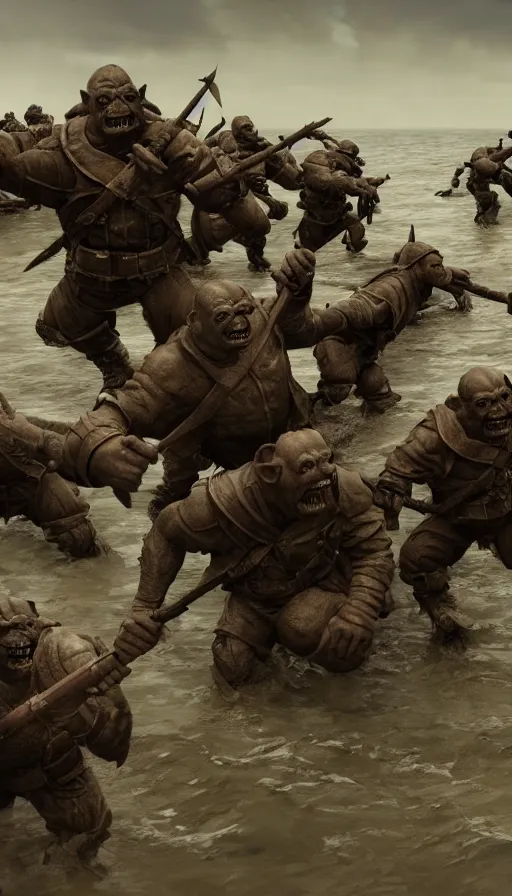 Prompt: Orcs storming the Beaches of Normandy during WW2, war-photography, film still, D-Day, dynamic action pose, insane detail, intricate, highly detailed, Zeiss Lens, DSLR photography, smooth, sharp focus, Unreal Engine 5, Octane Render, Redshift, 8K