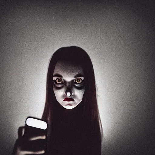 Image similar to cursed gloomy, grim, and dark selfie of a woman in a dark room!!!!!, photorealistic, grim and gloomy lighting, selfie!!!!!, spooky filter, halloween atmosphere, halloween art style, 4 k, 8 k