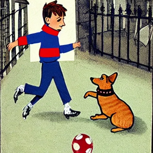 Image similar to book illustration of a french boy on the streets of paris playing football against a corgi, the dog is wearing a polka dot scarf, 1 9 6 6