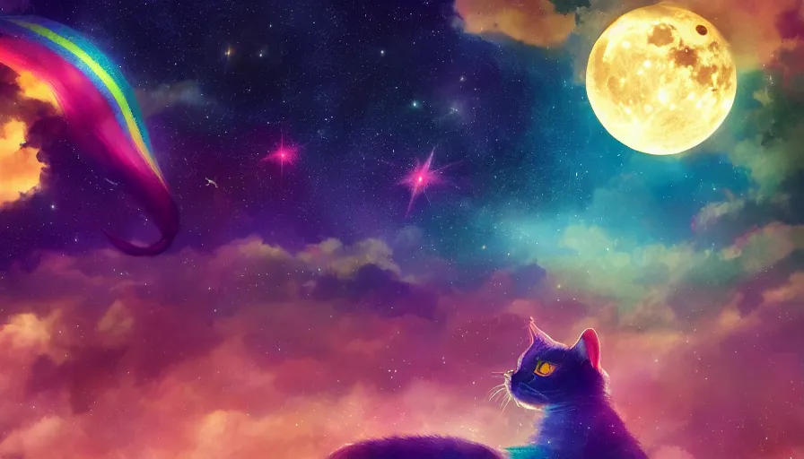 Image similar to shiny rainbow cat looking at the stars, sitting on rooftop, gold moon, hyperdetailed, artstation, cgsociety, 8 k