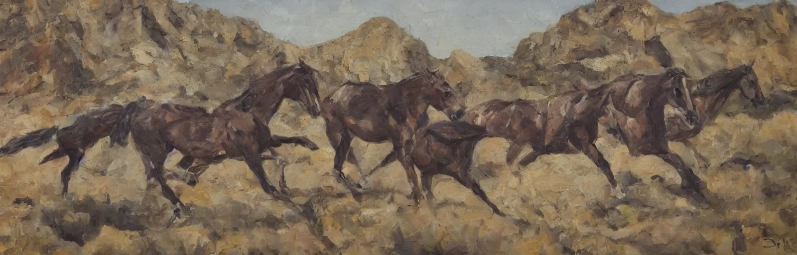 Image similar to lots of horses running through the canyon, they might be crawling, original oil on canvas painting by sydney mount