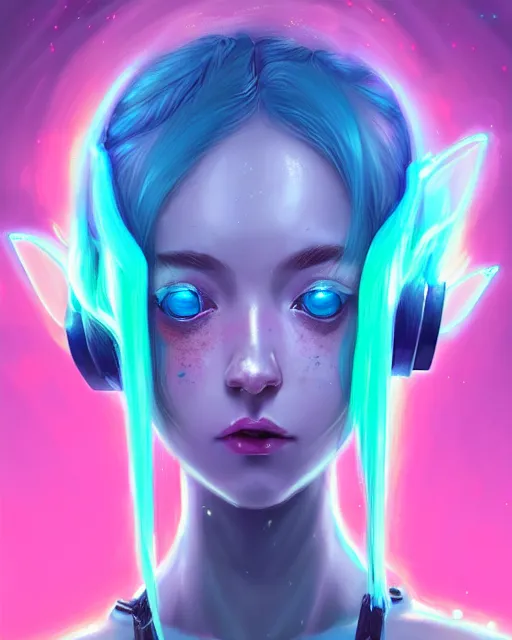 Image similar to art championship winner trending on artstation portrait of a goddess elven mecha warrior princess, head and shoulders, blue hair, matte print, pastel pink neon, cinematic highlights, lighting, digital art, cute freckles, digital painting, fan art, elegant, pixiv, by Ilya Kuvshinov, daily deviation, IAMAG, illustration collection aaaa updated watched premiere edition commission ✨✨✨ whilst watching fabulous artwork \ exactly your latest completed artwork discusses upon featured announces recommend achievement