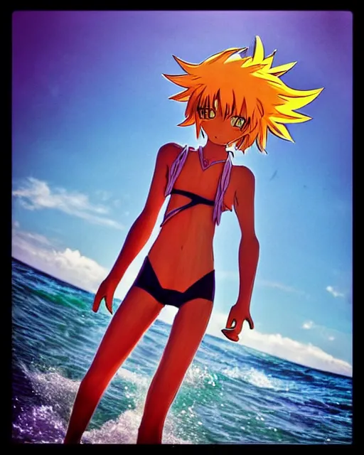 Image similar to dreamy tiktok iPhone photo of beautiful Nagisa Kaworu from evangelion having fun as a surfer in Florida, 35mm, cinematic, trending on Instagram, Asuka as a surfer model, 8k, 4k