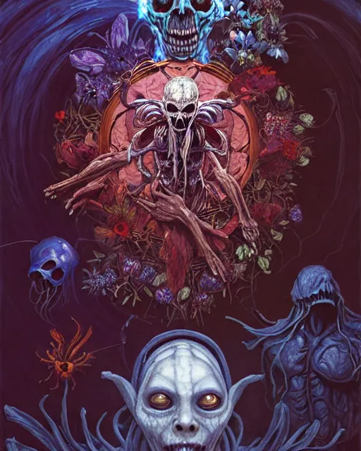 Image similar to the platonic ideal of flowers, rotting, insects and praying of cletus kasady carnage davinci dementor chtulu mandala ponyo dinotopia the witcher, fantasy, ego death, decay, dmt, psilocybin, concept art by randy vargas and greg rutkowski and ruan jia and zdzisław beksinski