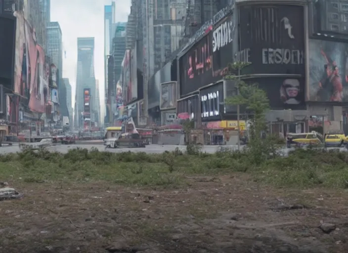 Image similar to film still of post apocalyptic empty time square, overgrown with wildlife walking through in the new sci - fi movie, 8 k