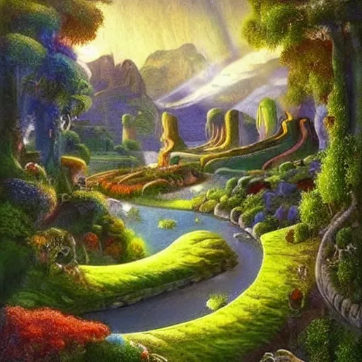 Prompt: A beautiful mixed mediart of a landscape. It is a stylized and colorful view of an idyllic, dreamlike world with rolling hills, peaceful looking animals, and a flowing river. The scene looks like it could be from another planet, or perhaps a fairy tale. decopunk by Ken Kelly, by Peter Zumthor atmospheric