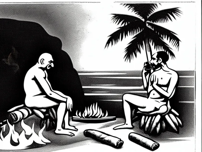 Image similar to side view of gandhi holding a cigar, sitting on a beach, next to a campfire, with palm trees and different types of beach animals parrot turtle lizard crab coconuts in the back