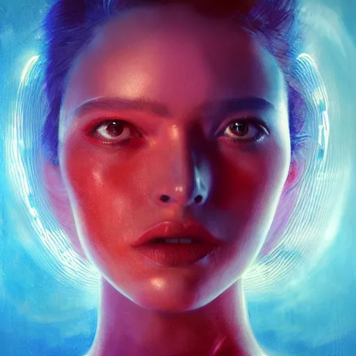 Image similar to 3 d, sci - fi, morning, sleepy fashion model face, sun, cinematic, lightning clouds, vogue cover style, poster art, light red and deep blue mood, realistic painting, intricate oil painting, high detail, figurative art, multiple exposure, poster art, 3 d, by tooth wu and wlop and beeple and greg rutkowski