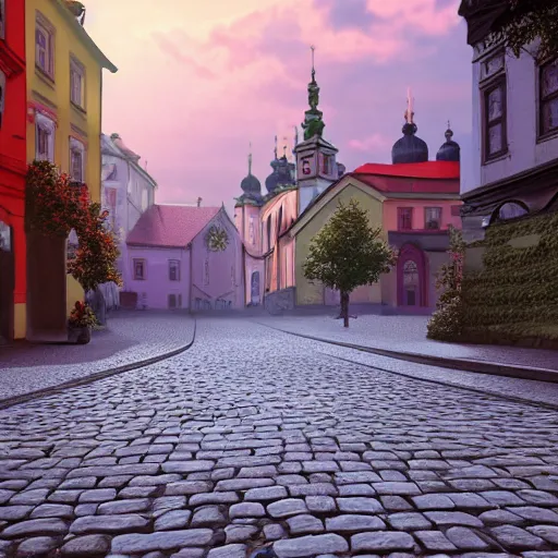 Prompt: a beautiful hyper realistic photo of banska stiavnica in summer, cobblestone pavement, with old houses and few trees in sunset, sky, ufo in sky, v - ray, octane render, unreal engine, by greg rutkowski and james gurney, artstation