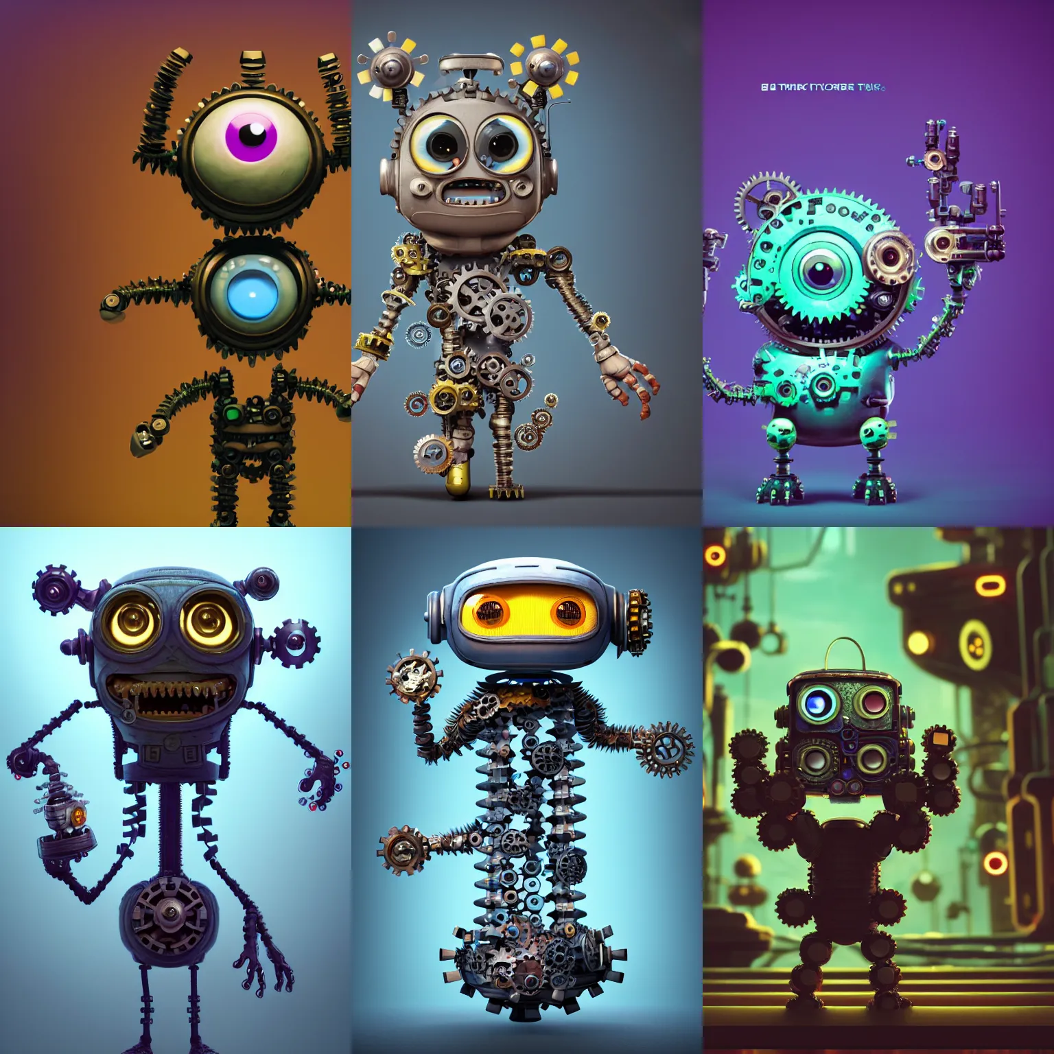 Prompt: a tiny cute cyberpunk monster with cogs and screws and big eyes smiling and waving, back view, isometric 3d, ultra hd, character design by Mark Ryden and Pixar and Hayao Miyazaki, unreal 5, DAZ, hyperrealistic, octane render, cosplay, RPG portrait, dynamic lighting, intricate detail, summer vibrancy, cinematic