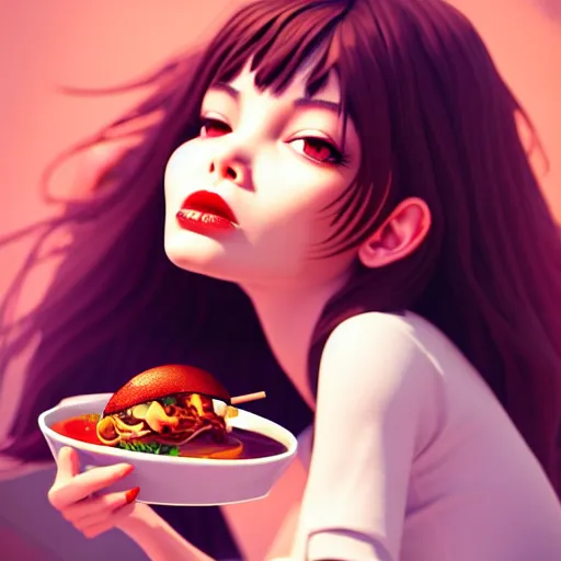 Prompt: girl, eating, good food, happy, slim, stylized, artstation, hd, cgsociety, cgi, realistic, dramatic, cinematic, artistic, trending, detailed