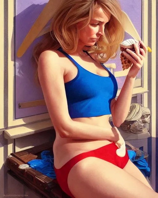 Image similar to portrait of a blonde fuller figured barbara bach from the bond film wearing a red strappy top and blue shorts and eating ice creams in porto, real life skin, intricate, elegant, highly detailed, artstation, concept art, smooth, sharp focus, art by artgerm and greg rutkowski and alphonse mucha
