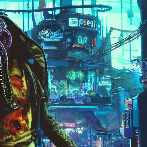 Image similar to a high quality portrait of octopus Davy Jones in a cyberpunk cyberpunk cyberpunk cafe, realism, 8k, award winning photo