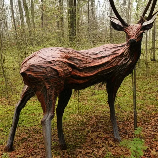 Image similar to hyperealistic sculpture of a monstrous deer with rusty pipes extruding from its body, body horror, living bodies, scary, disturbing, static noise, eerie, SCP Foundation, realistic creepypasta, found footage, living creature