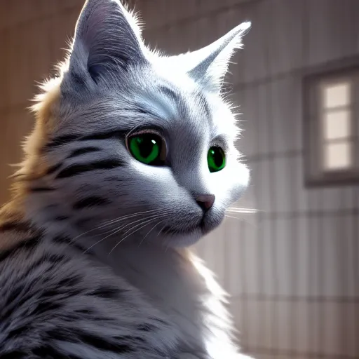 Image similar to highly detailed cat furry, fursona, trending on furaffinity, furry art, white fur, unreal engine, global illumination, radiant light, detailed and intricate environment