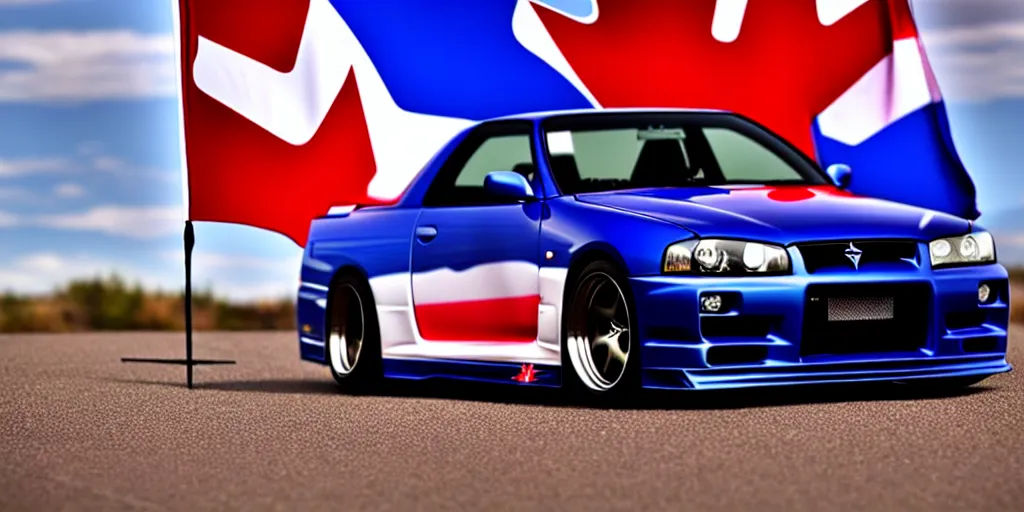 Image similar to nissan skyline r34 with Canadian flag reflection, photography, realistic