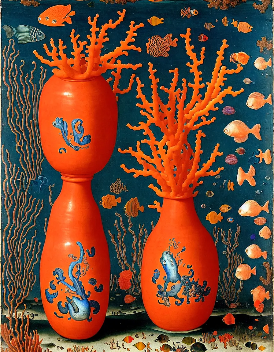 Prompt: bottle vase of coral under the sea coming from a very very beautiful african man body, the bottle vases are decorated with a dense field of stylized scrolls that have opaque outlines enclosing mottled blue washes, with orange shells and purple fishes, Ambrosius Bosschaert the Elder, oil on canvas, around the edges there are no objects