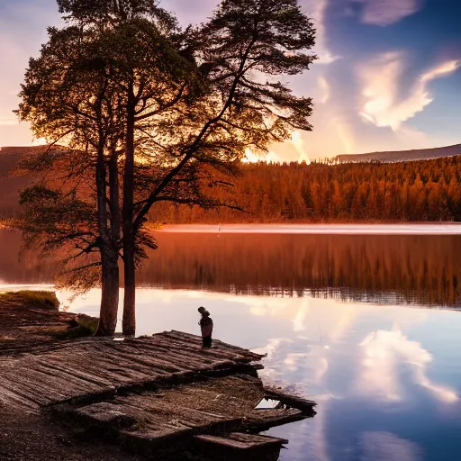 Prompt: landscape photography by jimmy nelson, swedish lake, sunrise, dramatic lighting, village by the lake, thin soft clouds, beautiful reflections, unreal engine 8 k