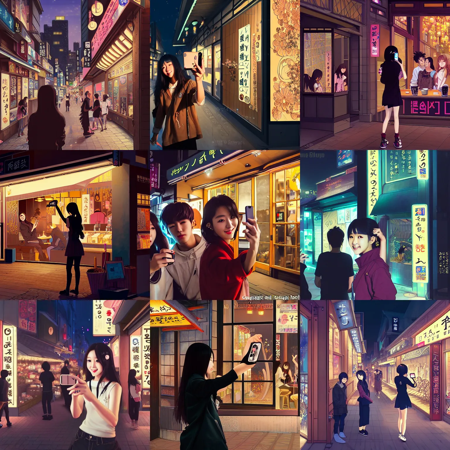 Prompt: a young female k-pop celebrity taking a selfie in front of a coffee shop store in The City of Japan at night with a few customers, extreme plus resolution fantasy concept art, intricate details to everything visible, sharp lighting, Dramatic light by denis villeneuve, strong emphasis on alphonse mucha, Makoto Shinkai