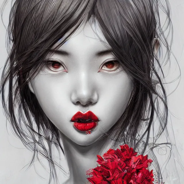 Image similar to studio portrait absurdly beautiful, elegant, graceful, young hypercolorful sensual anime gravure idol rubies and red petals, ultrafine hyperrealistic detailed face illustration by kim jung gi, irakli nadar, intricate linework, sharp focus, bright colors, matte, octopath traveler, final fantasy, unreal engine highly rendered, global illumination, radiant light, intricate environment