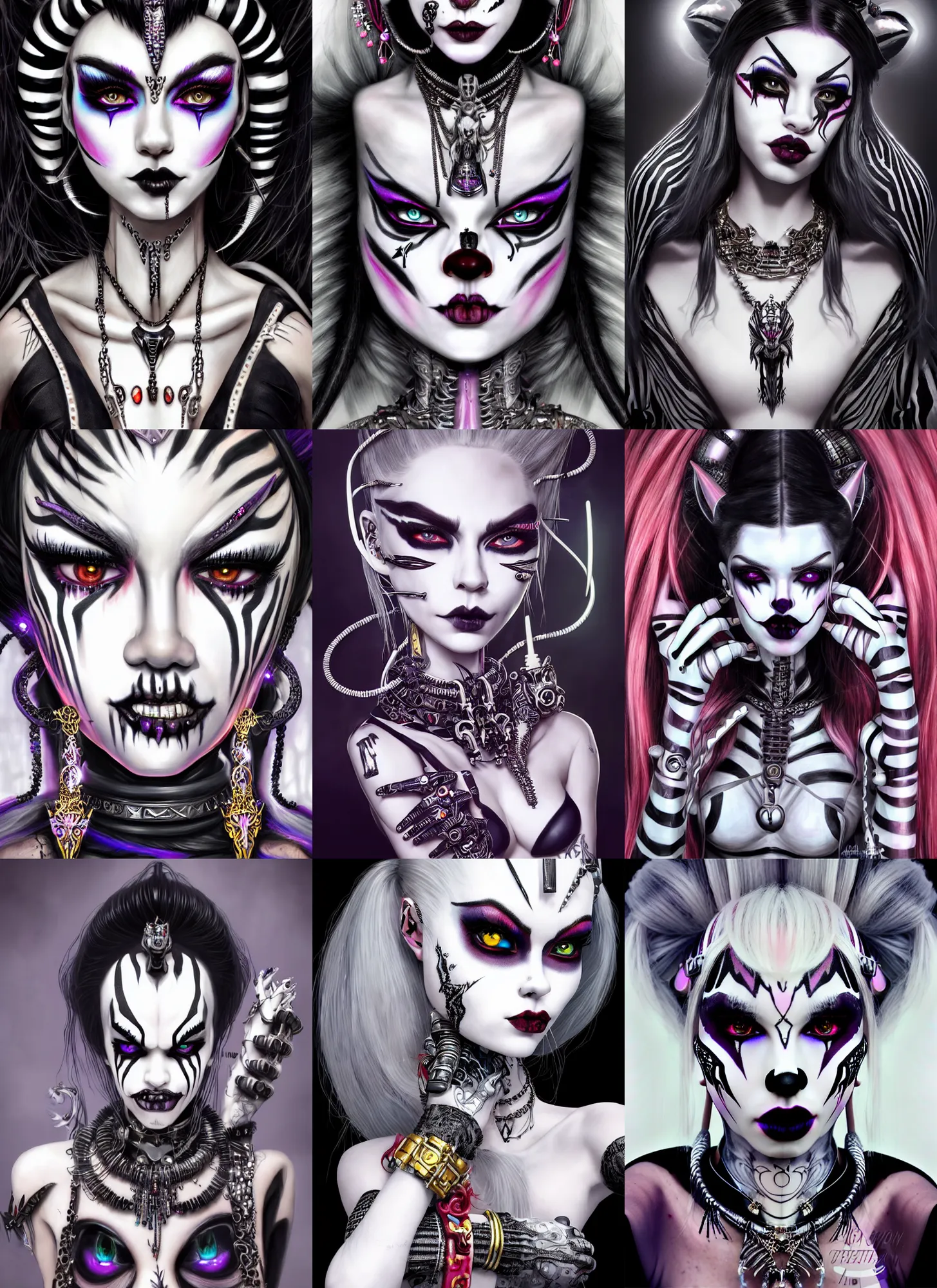 Prompt: ultra realistic, beautiful white porcelain clowncore goth emo mettalic zebra devil madison beer cyborg woman with elaborate jewelry, sci - fi, fantasy, cyberpunk, intricate, elegant, highly detailed, digital painting, ever after high, octane render, artstation, concept art, smooth, sharp focus, illustration, art by artgerm and loish