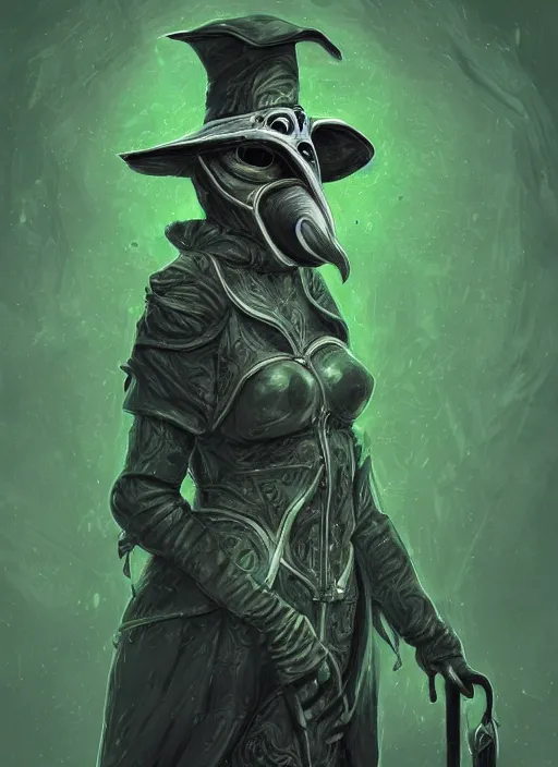 Image similar to a highly detailed illustration of plague doctor mask wearing woman, wearing latex revealing outfit, surrounded by green mist background, intricate, elegant, highly detailed, centered, digital painting, artstation, concept art, smooth, sharp focus, league of legends concept art, WLOP