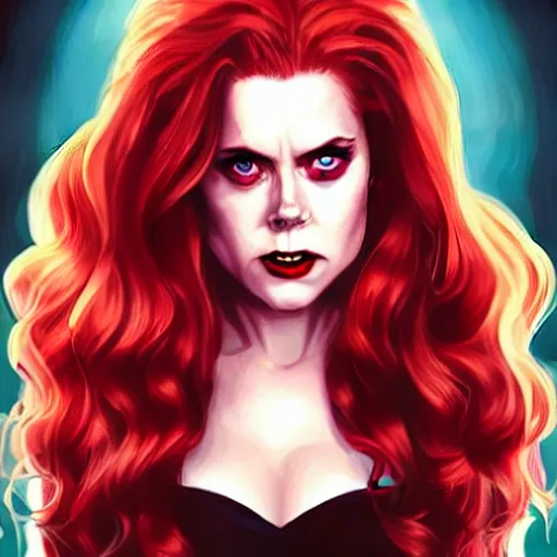 Image similar to vampire : : rafeal albuquerque comic art, artgerm : : gorgeous amy adams : : sharp teeth : : symmetrical face, symmetrical eyes : : gorgeous red hair : : magic lighting : :