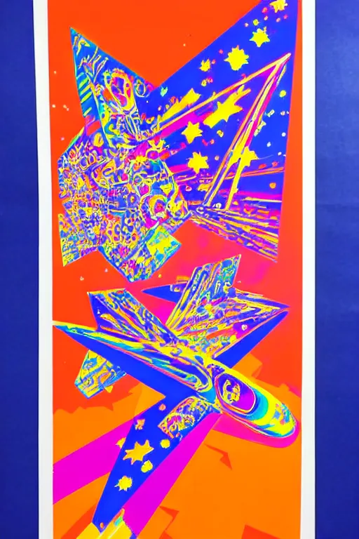 Image similar to original screen print, very detailed symmetric!! 6 0 s artwork by peter max of people flying admist huge crystal shards in space, hd, psychedelic