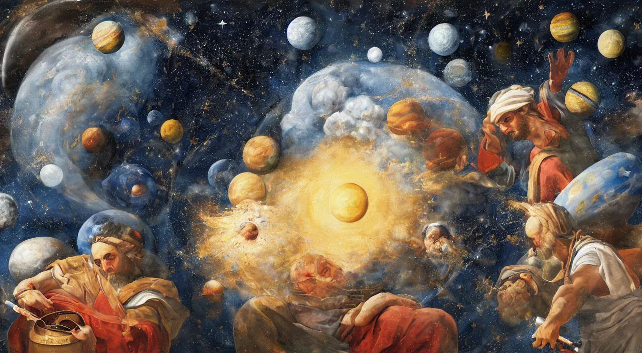 Prompt: Michal Angelo painting of god putting away planets and stars in a bucket. 8k resolution, mural.