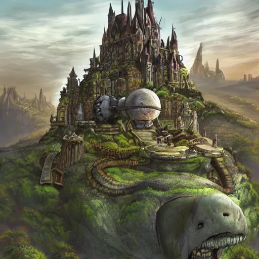 Image similar to large fantasy castle on top of a giant tortoise similar to howls moving castle and mortal engines, located in a harsh wasteland with harsh sunlight, distant - mid - shot, fantasy, hyper detailed, realistic