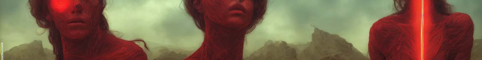 Image similar to Portrait Masterpiece, Wanda Maximoff, furious, red, glowing, wires everywhere, by Edgar Maxence and Ross Tran, Zdzisław Beksiński, and Michael Whelan, distant, gustav dore, H.R. Giger, 8k, octane render