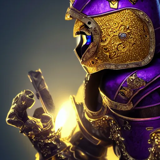 Image similar to a highly detailed knight with glowing purple eyes in a T golden helmet and a golden crown with a blue diamond in the center, golden armor, leather clothes under the armor, leather gloves, holds a black sword, artstation, DeviantArt, professional, octane render, sunset lighting