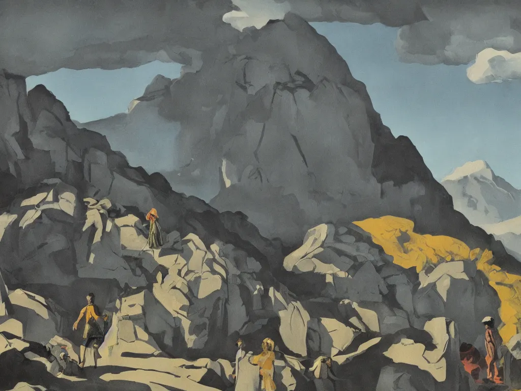 Image similar to scene with figure in the mountains. painting by neo rauch