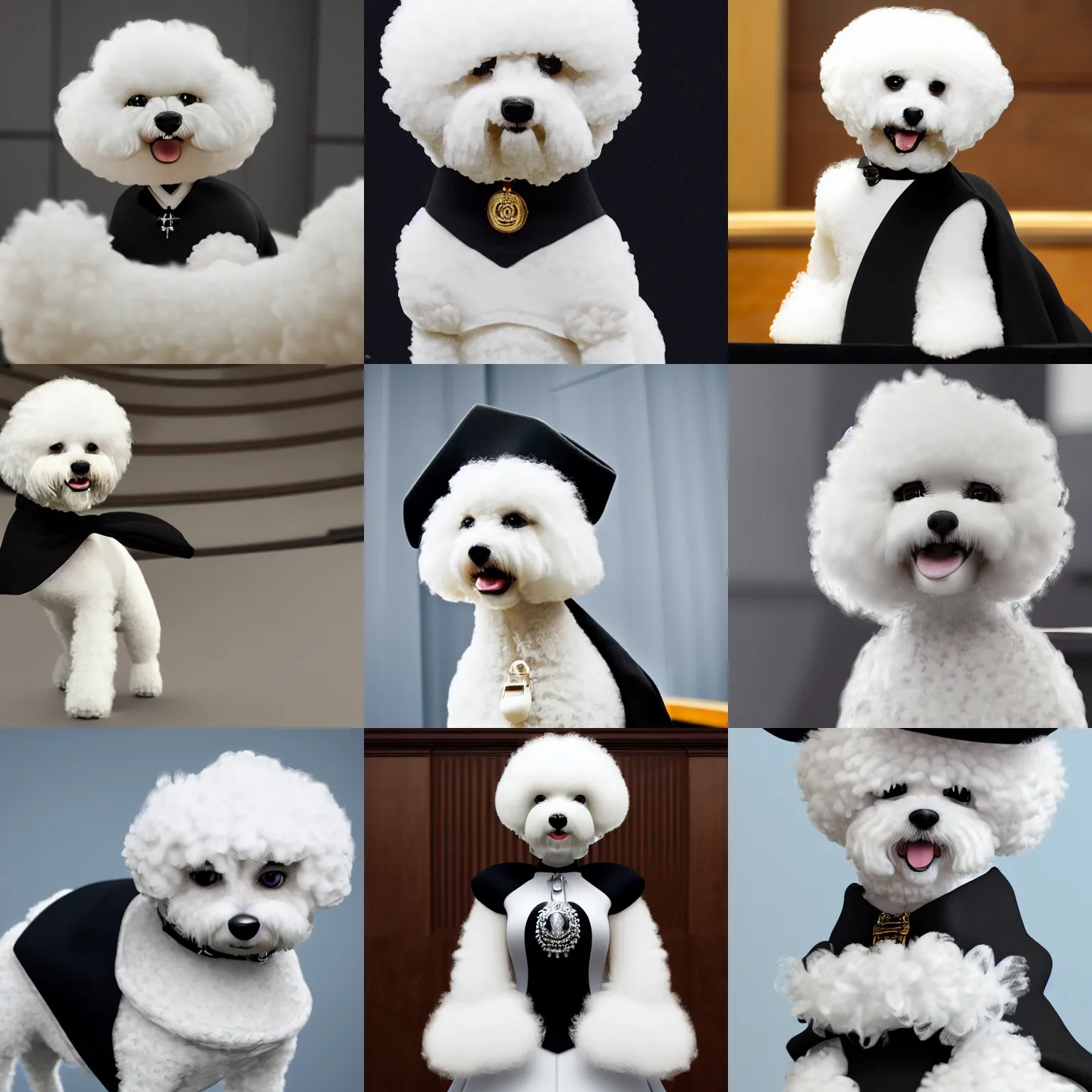 Prompt: a closeup photorealistic illustration of a cute smiling white bichon frise judge wearing a black gown and commanding the courthouse. this 4 k hd image is trending on artstation, featured on behance, well - rendered, extra crisp, features intricate detail, epic composition and the style of unreal engine.