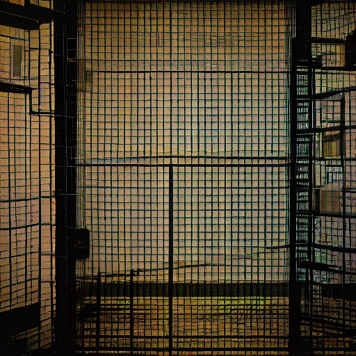 Prompt: noisy color photograph of a retrofuturist liminal space, laboratory, prison, minimalist, cinematic