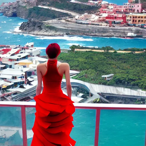 Image similar to cyberpunk girl wearing a red swirling dress, standing on an Imerovigli terrace looking down into the ocean, trending on artstation, cinematic lighting