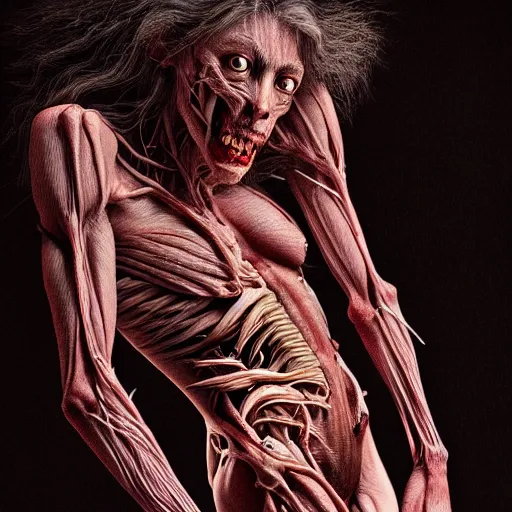 Image similar to female werewolf with translucent skin, visible muscles and veins and arteries and bones and spine and nerves, beautiful detailed intricate insanely detailed octane render, 8K artistic photography, photorealistic, chiaroscuro, by David Cronenberg, Raphael, Caravaggio