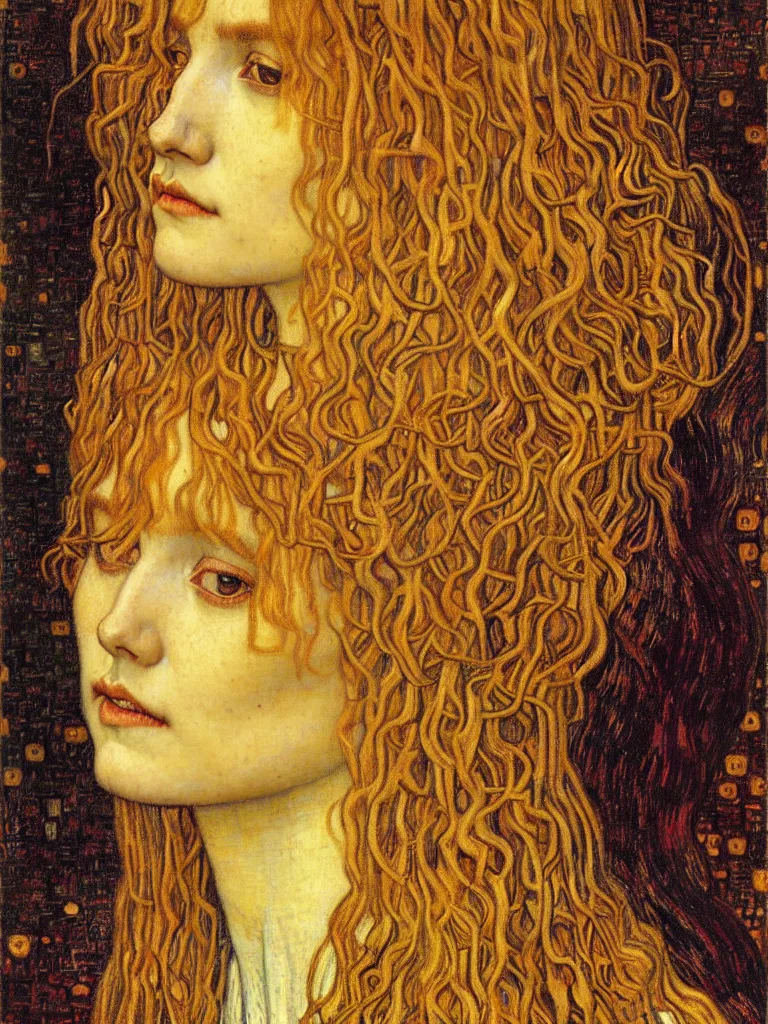 Image similar to detailed realistic beautiful young medieval queen face portrait by jean delville, gustav klimt and vincent van gogh, art nouveau, symbolist, visionary, gothic, pre - raphaelite, muted earthy colors, desaturated