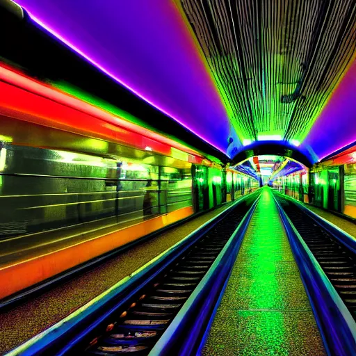 Image similar to underground train station, futuristic, neon colours, highly saturated, high def, 8 k, hd, highly detailed,