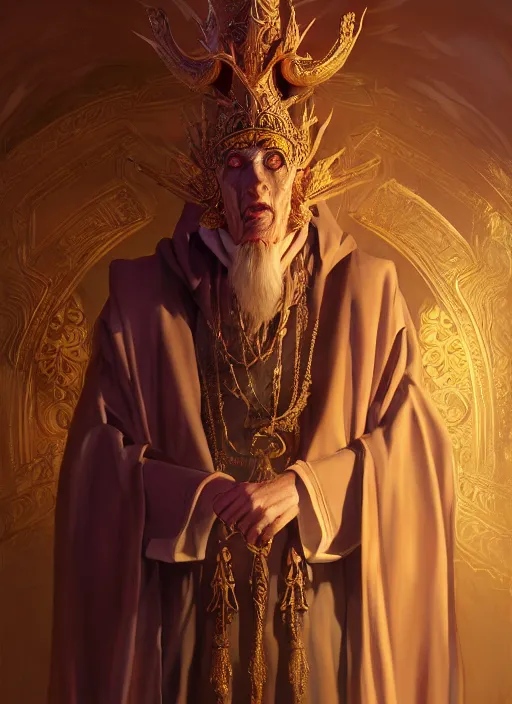 Image similar to slender high priest in a dark ornate robe, carved ivory headpiece, subsurface scattering, by jesper ejsing, justin gerard, tomasz alen kopera, cgsociety and fenghua zhong, highly detailed, rim light, cinematic lighting, illustration, art, octane render, very coherent, cinematic, high detail, octane render, 8 k