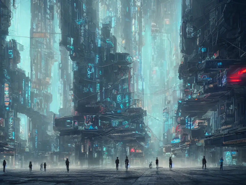 Prompt: lone travelers walking through the remnants of a dystopian city, art deco architecture, ancient buildings, technological lights, screens, refined, fog, cyberpunk style, 8 k resolution, by hugh ferris and john smith and noriyoshi ohrai, polished, fine detail, intricate, blue color scheme, cyberpunk style, smooth, octane, concept art, trending on artstation